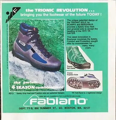 £5.49 • Buy 1986 Fabiano Boston Print Ad Trionic Sole Scarpa Berghaus Yeti Gaiter