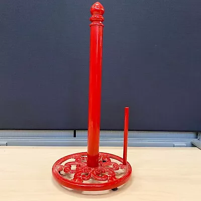 Farmhouse Vintage Style Cast Iron Red Enamel Paper Towel Holder Footed 14” Tall • $23.99