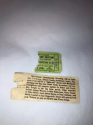 Original 1980's NWA Mid-Atlantic Wrestling Ticket Stub W/ Newspaper Clipping WWE • $29.99
