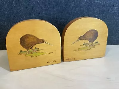 Mid Century Kiwi Pokerwork Bookends Vintage Kiwiana New Zealand Wooden • $45
