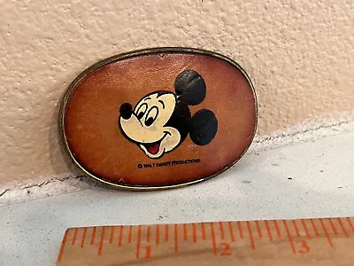 Mickey Mouse Belt Buckle Brass Leather  / Walt Disney Productions / Vintage • $26.60