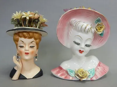 2p Lot Vintage Art Deco Ceramic Ladies Head Vase Dresser Doll Bust ? Napco • $39.99