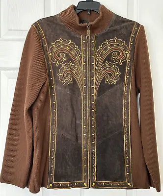 VTG Bob Mackie Wearable Art Brown Leather Embroidered Full Zip Jacket Womens M • £28.92