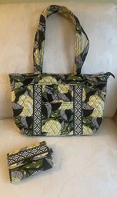 Vera Bradley Mandy Bag & Matching Trifold Wallet In La Neon Rose Green Pattern • $16.99