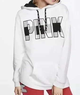 Victoria’s Secret PINK Plaid Logo Campus Tunic Pullover Faux Fur Hoodie White • $47.49