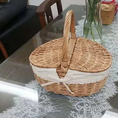 Vintage Wicker Picnic Basket With Wooden Lid And Handle • $22.16