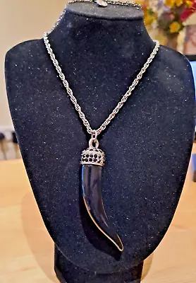 Vintage Black Horn Pendent On A Long Triple Linked Silver Tone Chain • £14.99