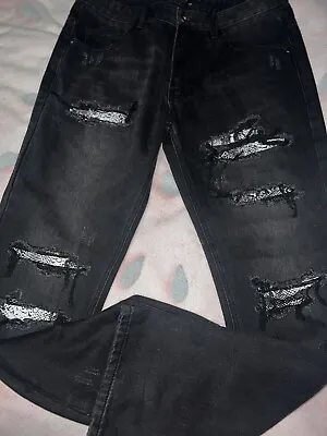 Mens Black  Distressed Jeans Snakeskin Sz 36x32 New • $35