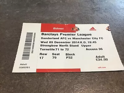 Sunderland V Manchester City 3 December 2014 Match Ticket • £0.99