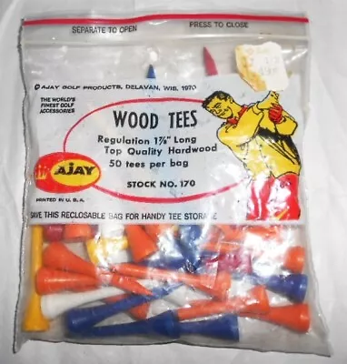 Vintage 1970 AJAY Wood Golf Tees Multi-Color 48/50 Stock No. 170 Unused 1-7/8  • $2.99