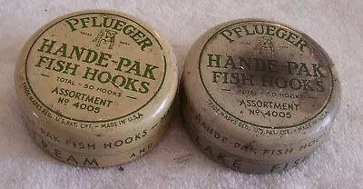 2 Vintage Pflueger Hande-pak Hook Tins  04/16/19pot  Advertising Tin Some Hooks • $10.75