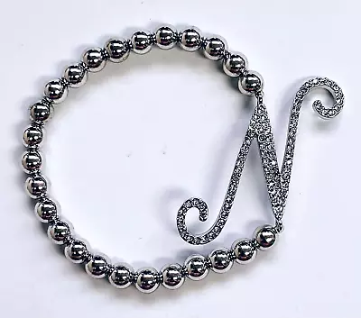 HSN Joan Boyce Silver Tone Crystal Initial  N   Stretchable Beaded Bracelet • $14.99