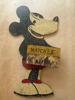 Vintage 1930s Folk Art Painted Wood Mickey Mouse Match Box Wall Plaque ( As Is ) • $125