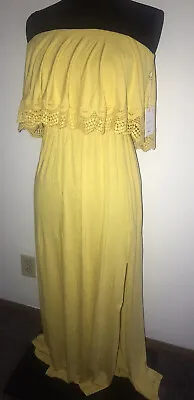 Forever 21 Yellow Strapless Maxi Dress W Slit Lace Ruched Empire Waist M NWT • $10