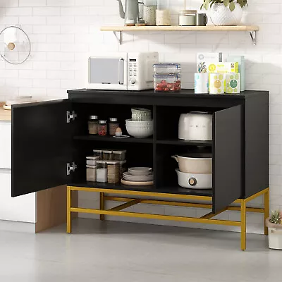 Luxury Kitchen Cabinet Sideboard Storage 4 Shelves Golden Metal Leg Black • $199.99