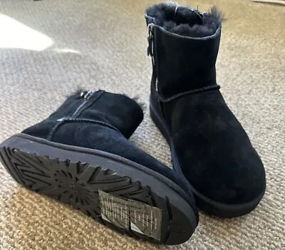 UGG Size 7/38 BLACK CLASSIC MINI DOUBLE ZIP SUEDE SHEEPSKIN BOOTS $160 118853 • $59.99