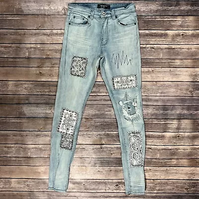 Serenade Skinny Fit Patch Distressed Stretch Jeans 30x32 Mens Light Blue Denim • $39.95