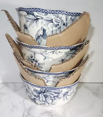 222 Fifth Adelaide Blue Porcelain Cereal Soup Bowls Floral & Birds Set Of 4 Four • $48