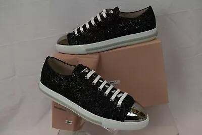 Nib Miu Miu Prada 5e8998 Black Glitter Metal Cap Toe Logo Sneakers 41 Italy • $295