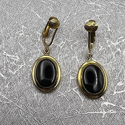 Vintage Sarah Coventry Earrings Clip On Signed Gold Tone Black Faux Stone 1 1/2  • $15.98