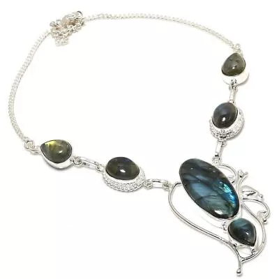 Labradorite Gemstone Handmade 925 Sterling Silver Jewelry Necklaces Size 18  • £9.37