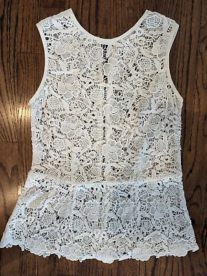 CAbi Style #800 Ivory Open Knit Lace Sleeveless Zip Peplum Vest Blouse Top - M? • $9.99