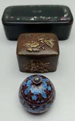 £0.99 • Buy 3 X Antique / Vintage Boxes Inc Japanese Stamp/Pill, Silver Enamel Pill & Snuff