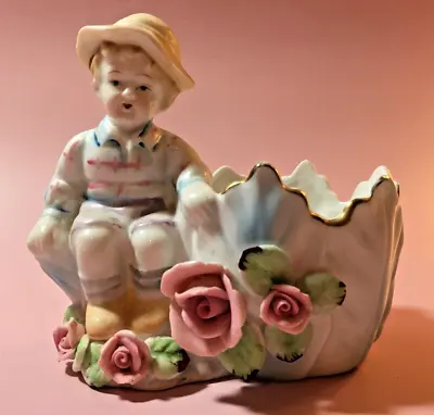 Vintage Small Planter Boy Sitting Figurine Roses Collectible Mid Century  3  Pot • $20