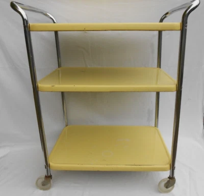 $120 • Buy Vintage Costco Sylvaire 3 Tier Yellow Shelf Chrome Handled Metal Utility Cart CT