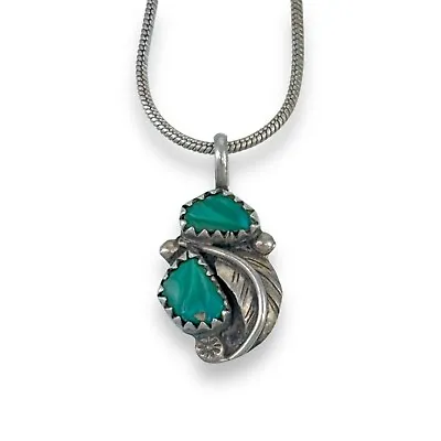 Vintage Native Sterling Silver 925 Turquoise Feather Motif  Pendant Necklace 18  • $39.20