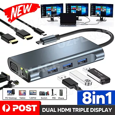 8 In 1 Laptop Docking Station Type-C Dual HDMI Hub Adapter USB-C Triple Display • $37.85