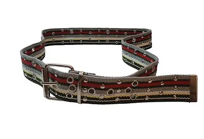 Womens Canvas Gray Black Red Stripe Belt Size XL Silver Grommets And Buckle • £18.91
