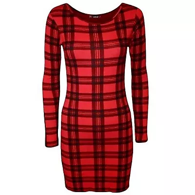 Ladies/Womens Tartan Check Print Long Full Sleeve Tunic Bodycon Short Dress Top • £7