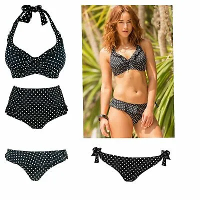 Pour Moi Hot Spots Black Underwired Bikini Top Frill Tie Control Bikini Brief • £10.08