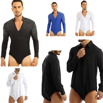 Men's Latin Tango Dance Shirt Rhinestones Leotard Ballroom Bodysuit Dancewear • £26.03