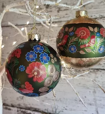 £12.99 • Buy Set Of 2 Green Gold Folk Art Glass Gisela Graham Christmas Baubles 