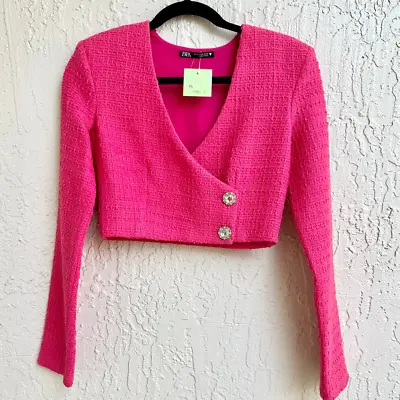 Zara Long Sleeve Textured Tweed Cropped Blazer Jacket Pink Women's Size US XS • $69