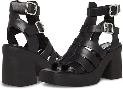 Steve Madden Kiona Black Ankle Straps Open Squared Toe Block Heeled Sandals • $29.95