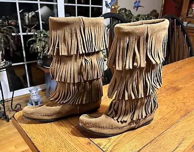 Womens Minnetonka Moccasin Boots 3 Layered Fringe Cowgirl Native Western Size 8 • $25