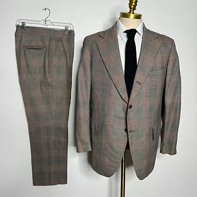 Vtg Corbin Disco 70s Suit Mens Brown Check 42R 34W • $49.99