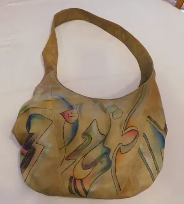 Sam Sam Hand Painted Leather Hobo Bucket Purse Crossbody Tan Multicolored Pre-ow • £65.23