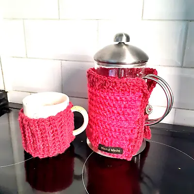 Hand Knitted Wool Mix  Medium Cafetiere Cosy  And Mug Cosy Rasberry Red • £6