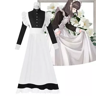 Women Maid Outfit Long Dress Apron Dress Lolita Dresses Unisex Cafe Costume • $28.61