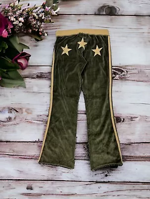 Army Green Flared Velour Star Striped Track Pants Rhinestones Grunge Fairy Vtg S • $34.99