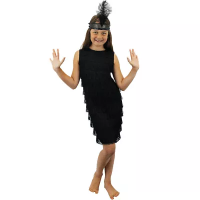 Childs 1920's Black Flapper Dress Fancy Dress Costume Girls Gatsby Charleston • £14.99