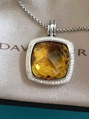 David Yurman Silver 20mm Albion Pendant Necklace With Lemon Citrine  & Diamonds • $299