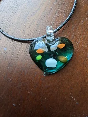 Heart Shaped Art Glass Pendant/Necklace Blue Tones W/orange And Green • $3