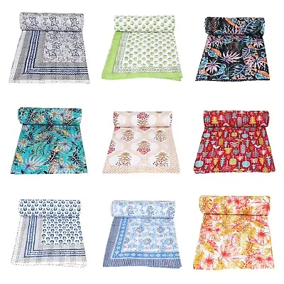 Indian Cotton Hand Block Print Kantha Bedspread Handmade Quilt Throw Blanket • £37.99