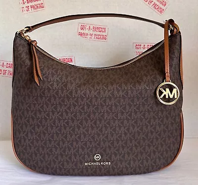 Michael Kors Kelsey Medium Brown MK PVC Convertible Shoulder Hobo Bag • $179.98