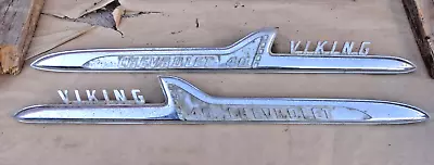 1958 Chevy Truck VIKING 40 Front FENDER EMBLEMS Original GM NAME PLATES Pair - • $175